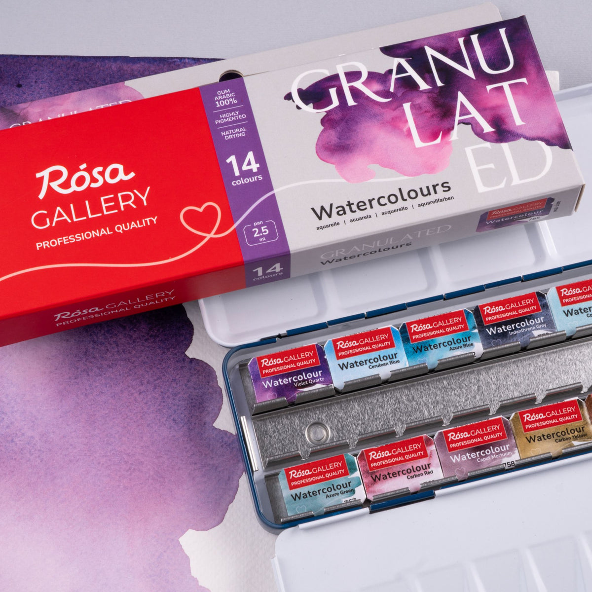 Rosa Gallery Aquarellfarben Set Granulation, 14 Farben 2,5 ml Napfs, Indigo Metalletui