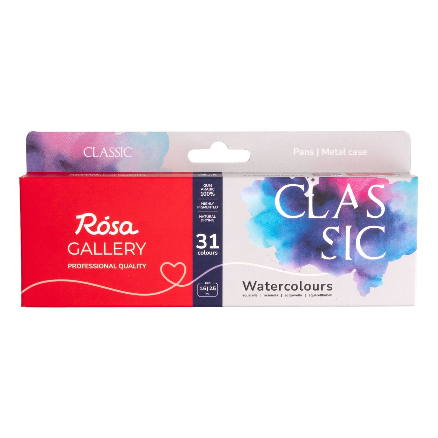 Rosa Gallery Aquarellfarben Set Classic, 31 Farben (26*1,6 ml Halbnäpfchen+5 2,5 ml Napfs), Türkis Metalletui