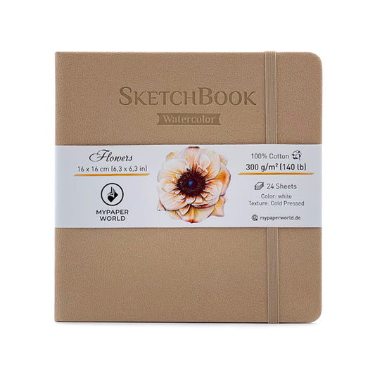 Mypaperworld Aquarell Skizzenbuch, 300 g 100% Baumwolle, Kalt gepresst, 24 Blätter, 16x16cm, Beige