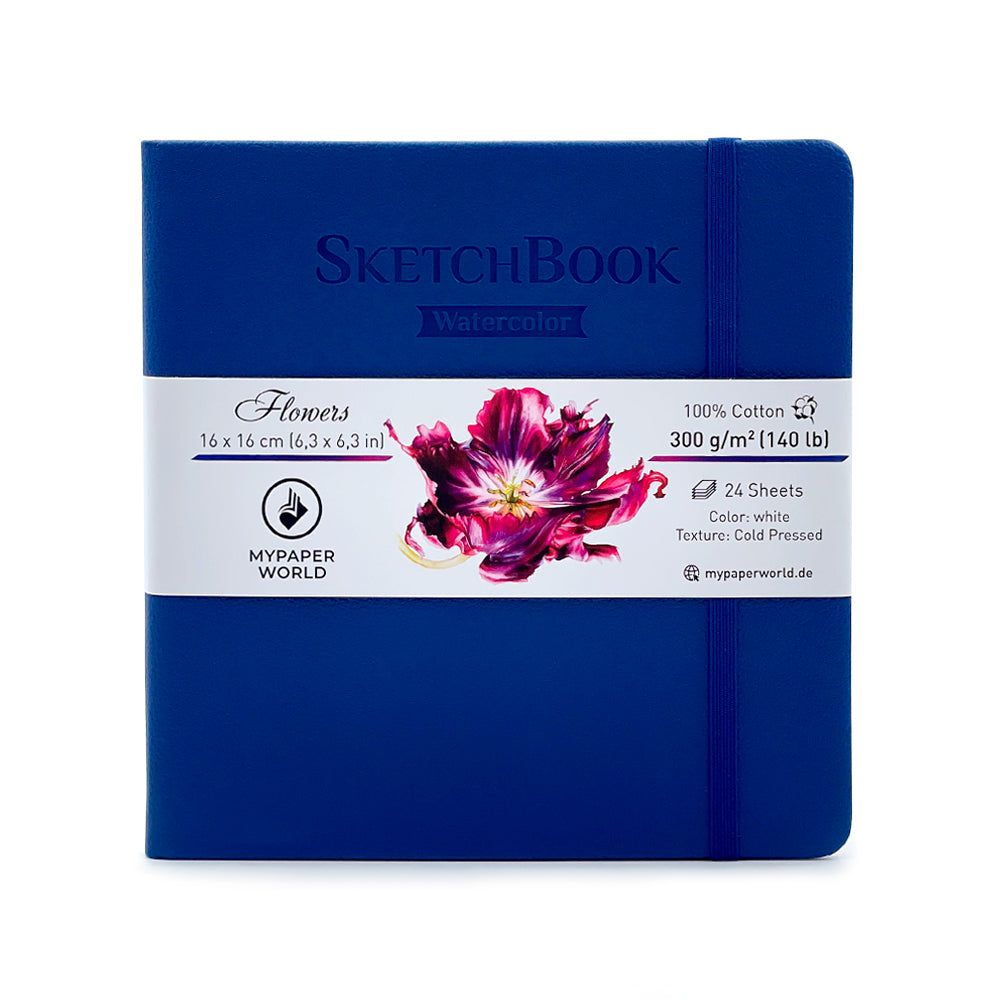 Mypaperworld Aquarell Skizzenbuch, 300 g 100% Baumwolle, Kalt gepresst, 24 Blätter, 16x16cm, Dunkel Blau