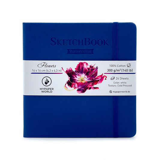 Mypaperworld Aquarell Skizzenbuch, 300 g 100% Baumwolle, Kalt gepresst, 24 Blätter, 16x16cm, Dunkel Blau