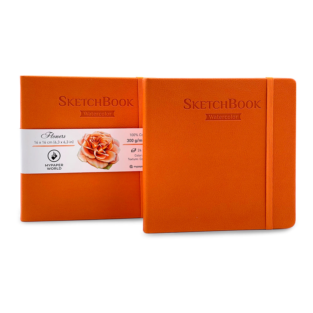 Mypaperworld Orange Aquarell Skizzenbuch, 300 g 100% Baumwolle, Kalt gepresst, 24 Blätter, 16x16cm