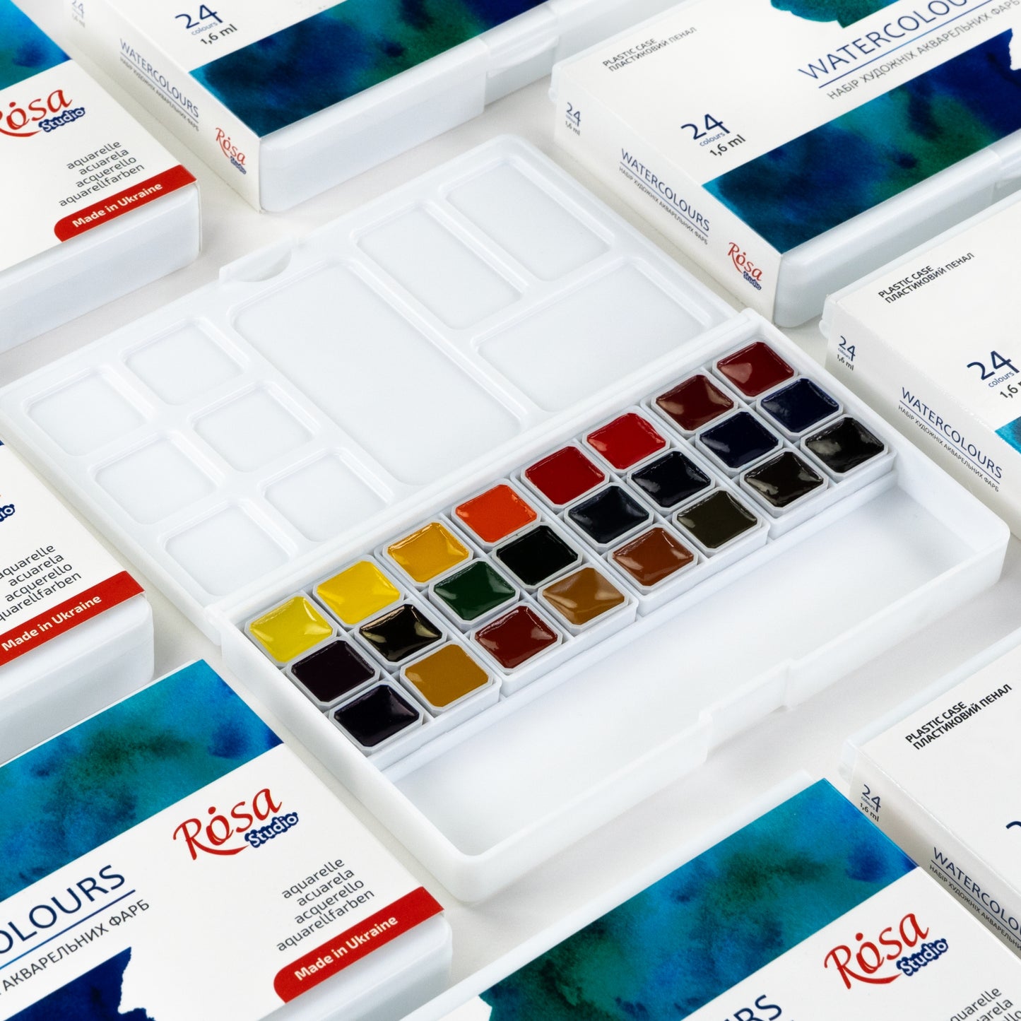 Rosa Studio Aquarellfarben im Set 24 x Näpfchen 1,6 ml, Kunststoffkaste