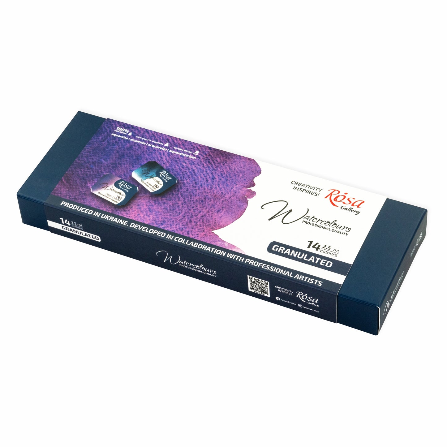 Rosa Gallery Aquarellfarben Set Granulation, 14 Farben  2,5 ml Napfs, Indigo Metalletui