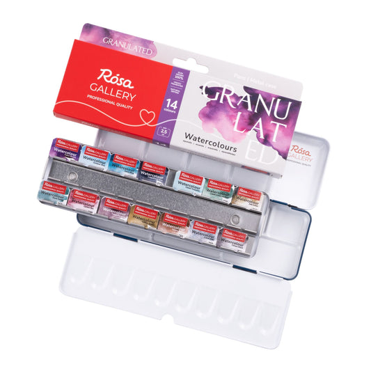 Rosa Gallery Aquarellfarben Set Granulation, 14 Farben  2,5 ml Napfs, Indigo Metalletui