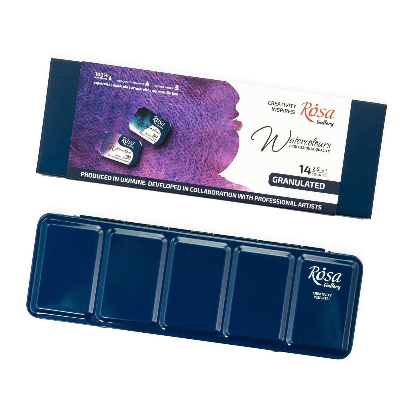 Rosa Gallery Aquarellfarben Set Granulation, 14 Farben  2,5 ml Napfs, Indigo Metalletui