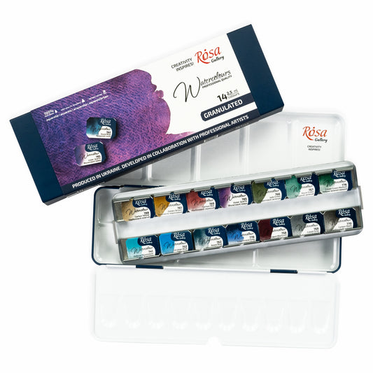 Rosa Gallery Aquarellfarben Set Granulation, 14 Farben  2,5 ml Napfs, Indigo Metalletui
