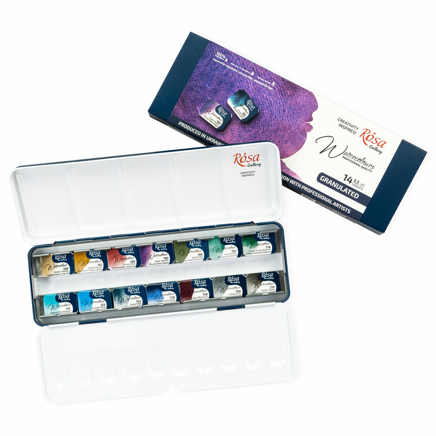 Rosa Gallery Aquarellfarben Set Granulation, 14 Farben  2,5 ml Napfs, Indigo Metalletui