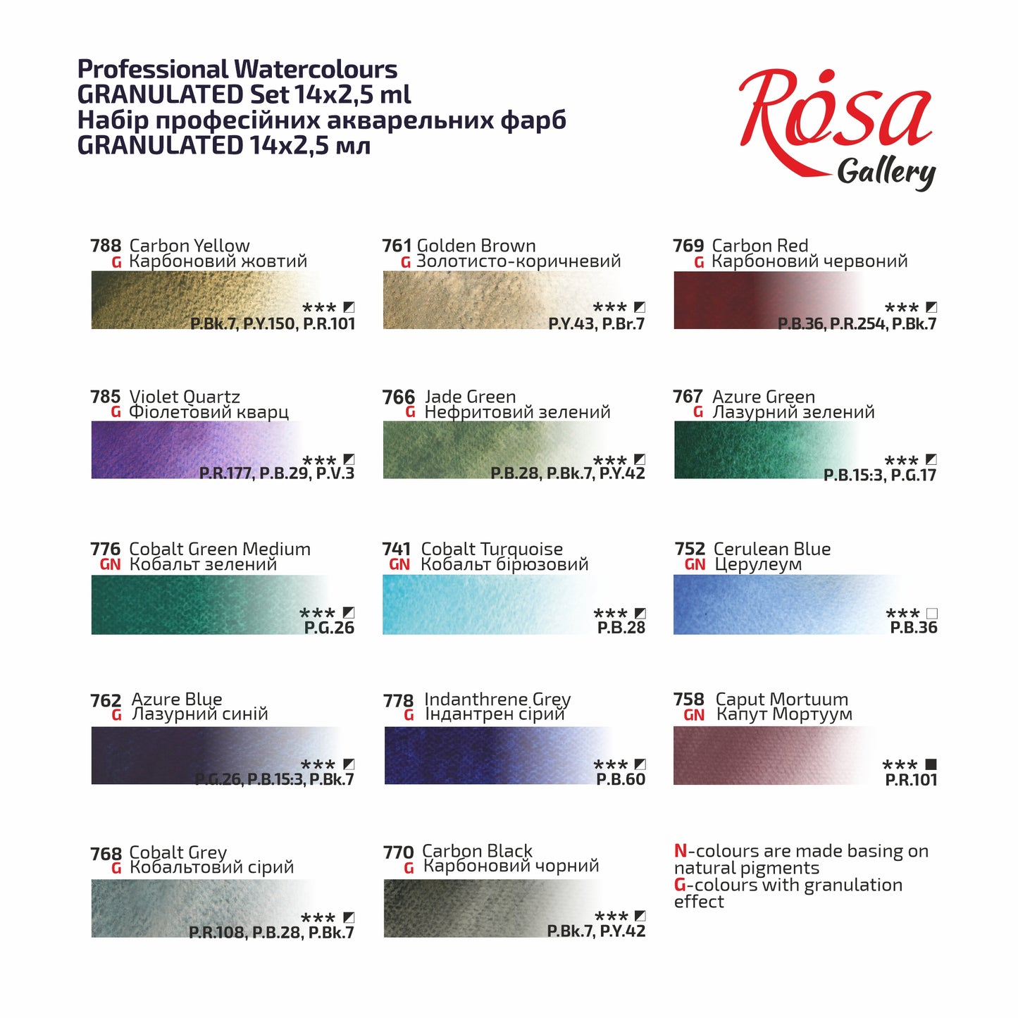 Rosa Gallery Aquarellfarben Set Granulation, 14 Farben  2,5 ml Napfs, Indigo Metalletui