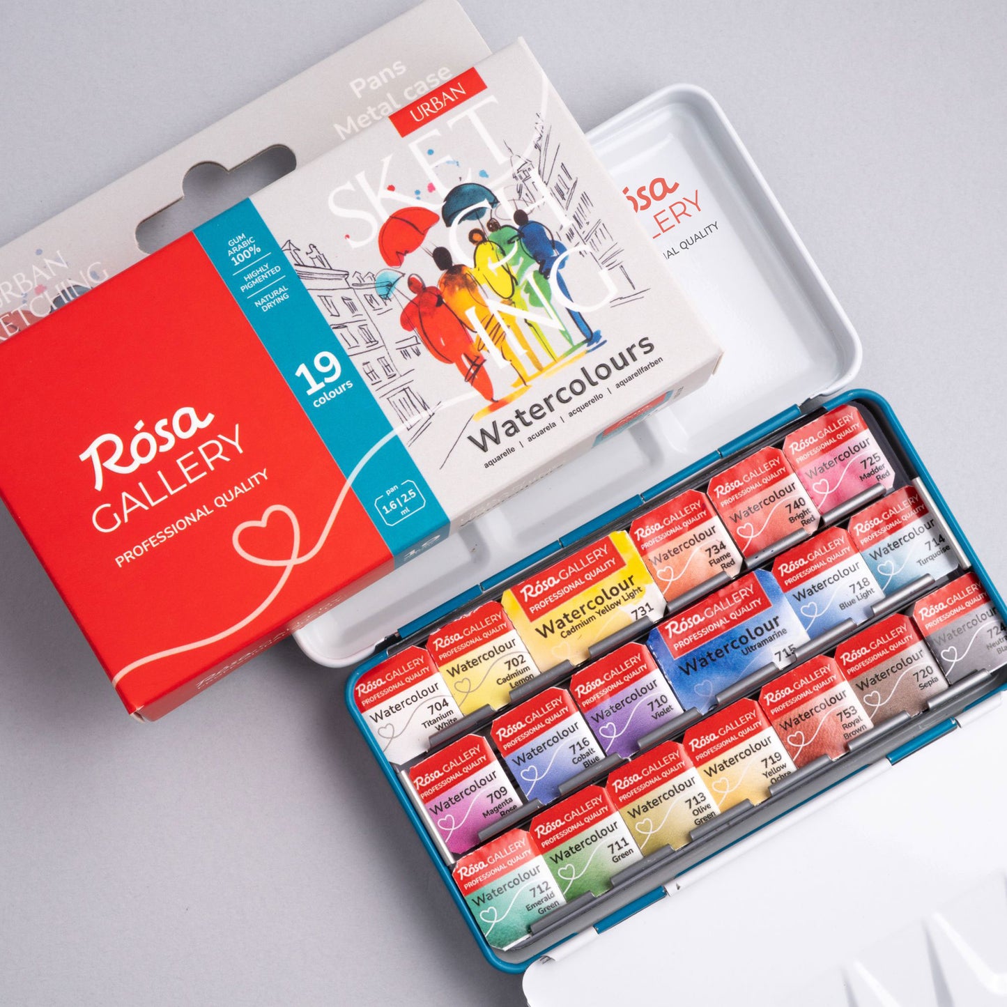 Rosa Gallery Aquarellfarben Set Urban Sketching, 19 Farben (17*1,6 ml Halbnäpfchen+2 2,5 ml Napfs), Türkis Metalletui
