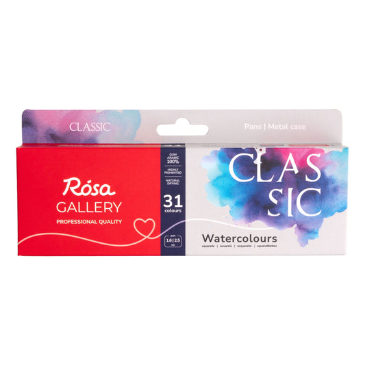 Rosa Gallery Aquarellfarben Set Classic, 31 Farben (26*1,6 ml Halbnäpfchen+5 2,5 ml Napfs), Türkis Metalletui