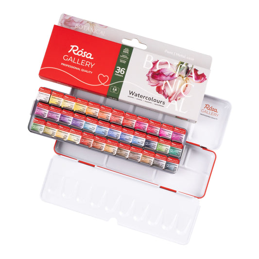Rosa Gallery Aquarellfarben Set Botanical, 36*1,6 ml Näpfchen, Rote Metalletui