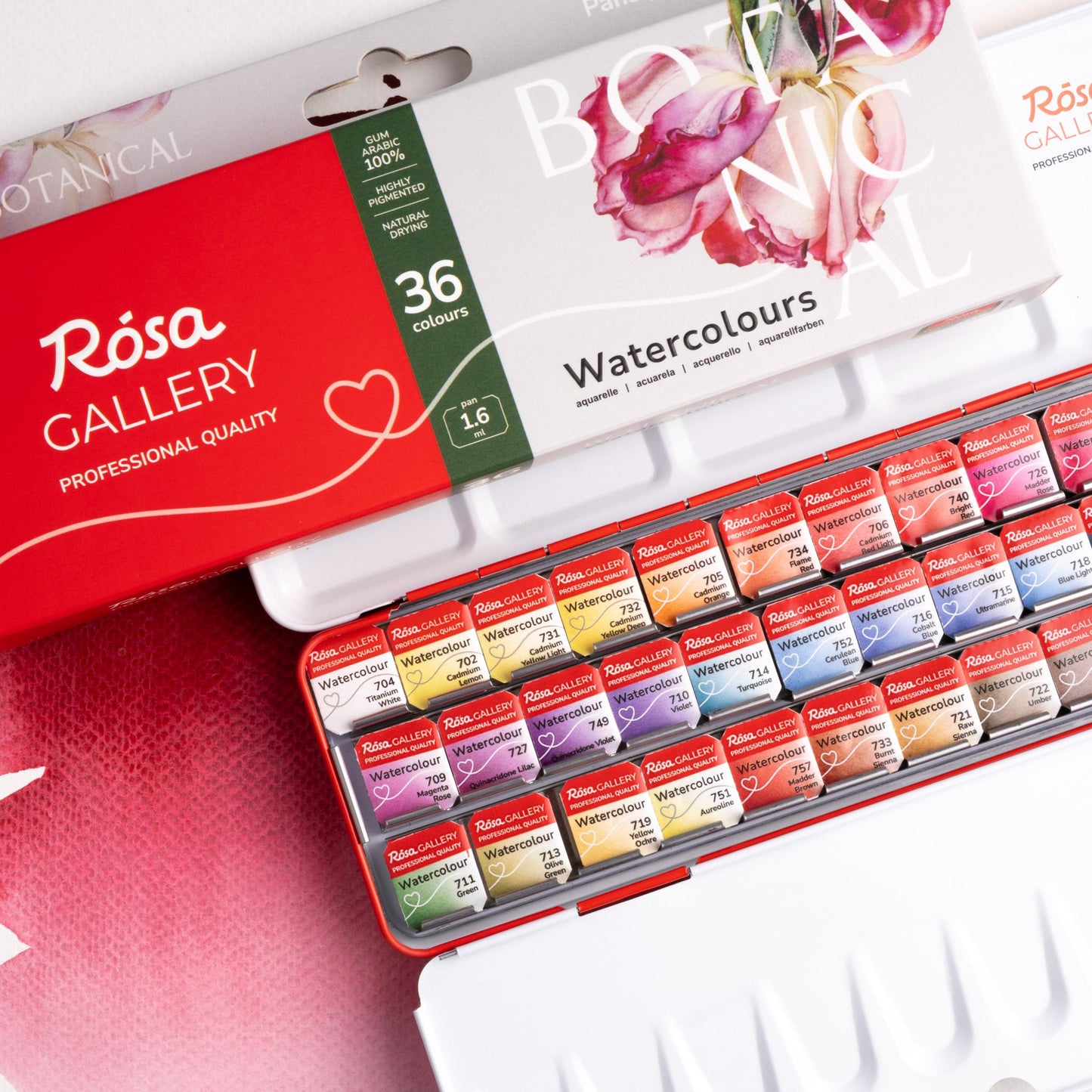 Rosa Gallery Aquarellfarben Set Botanical, 36*1,6 ml Näpfchen, Rote Metalletui