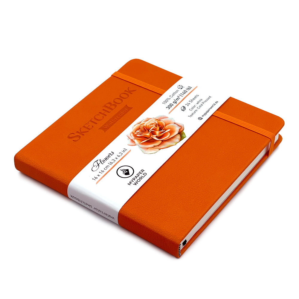 Mypaperworld Orange Aquarell Skizzenbuch, 300 g 100% Baumwolle, Kalt gepresst, 24 Blätter, 16x16cm