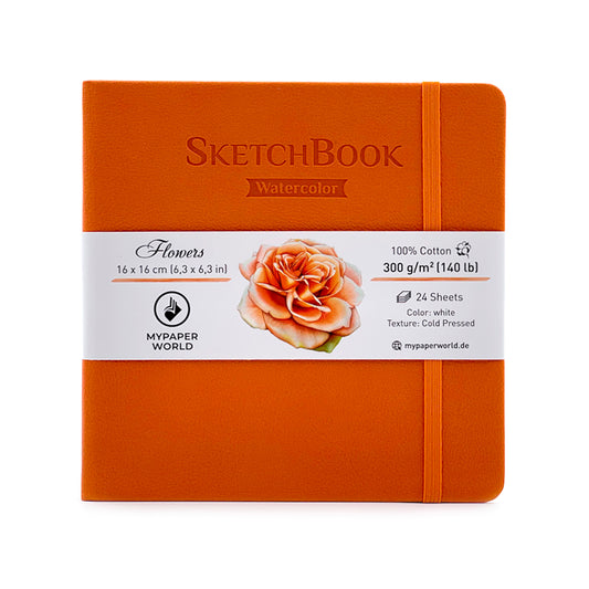 Mypaperworld Orange Aquarell Skizzenbuch, 300 g 100% Baumwolle, Kalt gepresst, 24 Blätter, 16x16cm