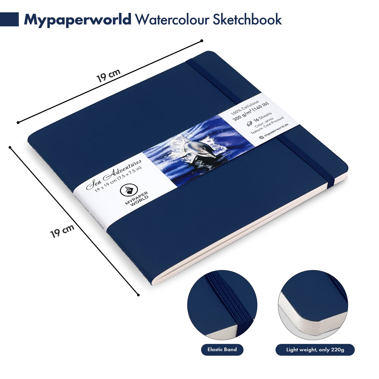 Mypaperworld Aquarell Skizzenbuch 300 g 19х19 cm, 16 Blätter, Dunkel Blau