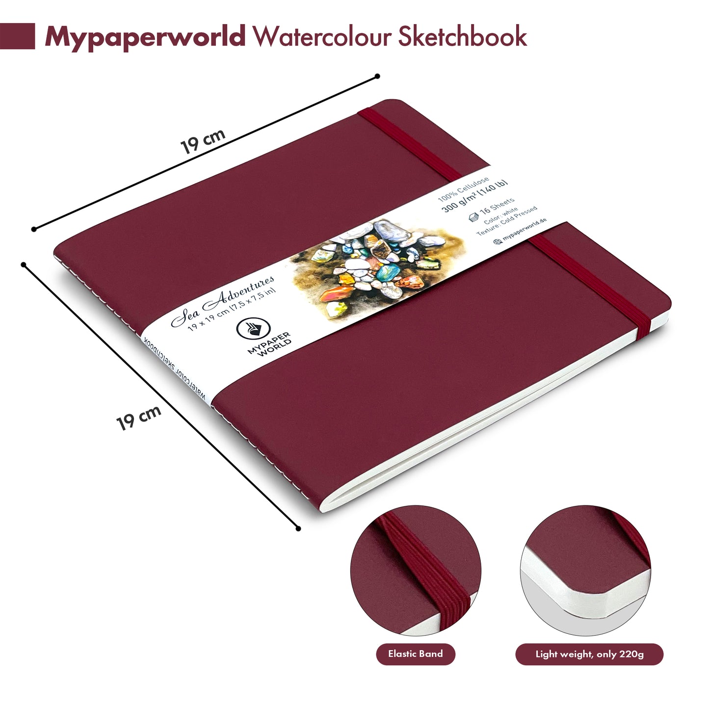 Mypaperworld Aquarell Skizzenbuch 300 g 19х19 cm, 16 Blätter, Kirsche