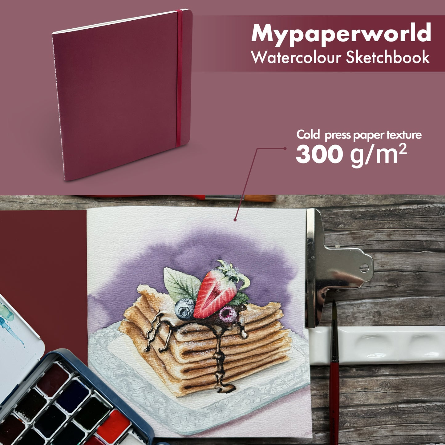 Mypaperworld Aquarell Skizzenbuch 300 g 19х19 cm, 16 Blätter, Kirsche