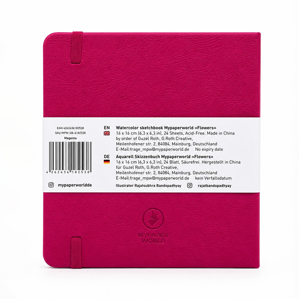 NEU Mypaperworld Magenta Aquarell Skizzenbuch, 300 g 100% Baumwolle, Kalt gepresst, 24 Blätter, 16x16cm