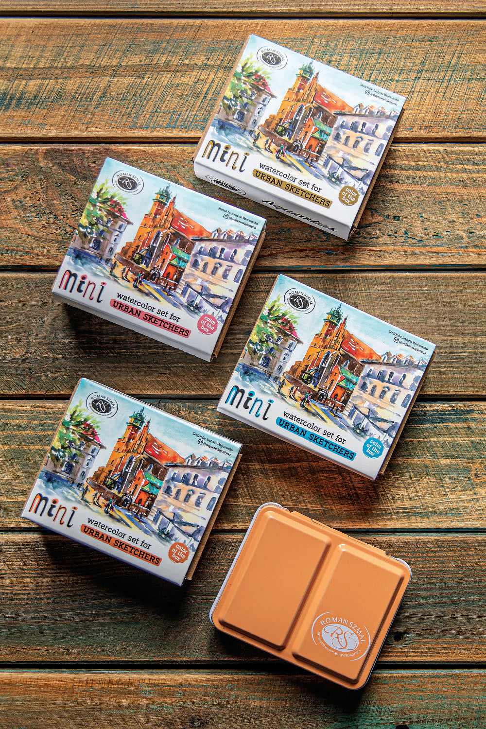 ROMAN SZMAL Leer Metallic Aquarellkaste, Mini, für 12 1/2 Näpfchen, Blau