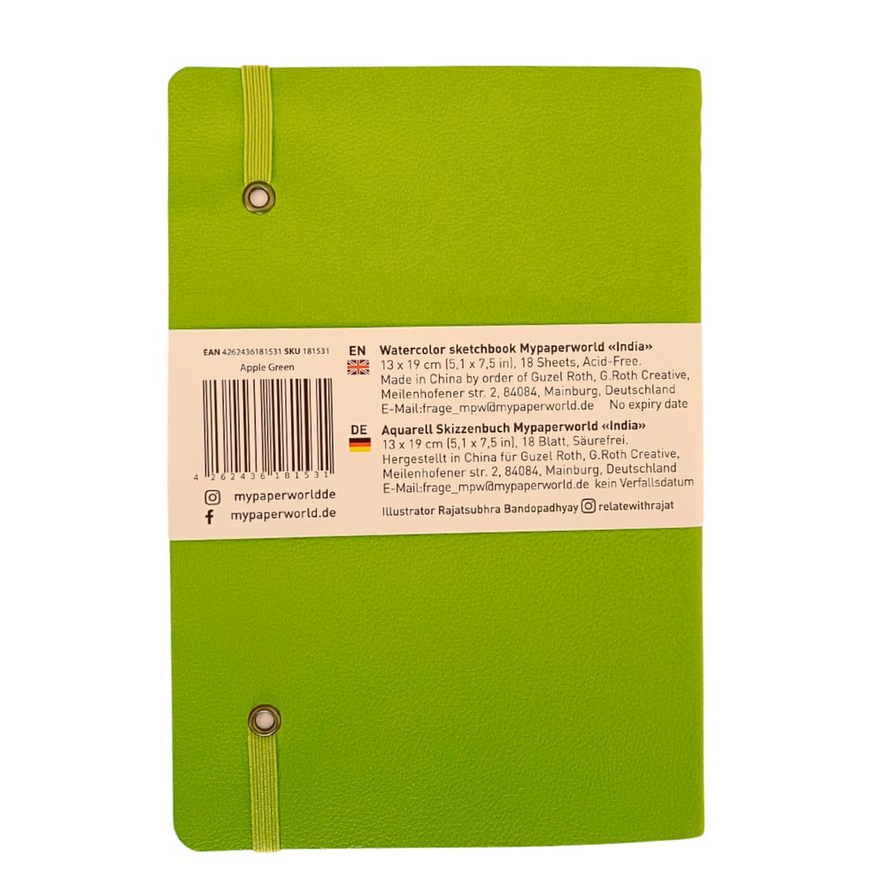 NEU!!!Mypaperworld Aquarell Skizzenbuch, 200 g 100% Baumwolle, Kaltgepresst , 18 Blätter, 19x13cm, Apfel Grün