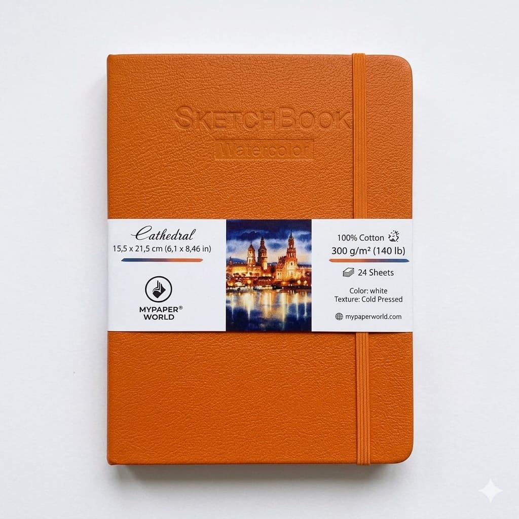 NEU Mypaperworld Orange Aquarell Skizzenbuch, 300 g 100% Baumwolle, Kalt gepresst, 24 Blätter, A5