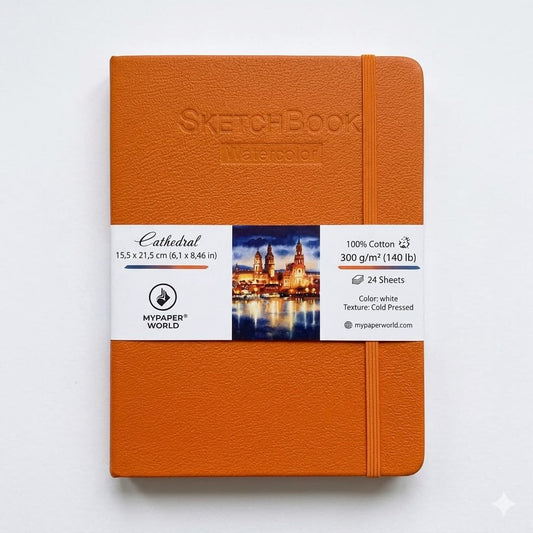 NEU Mypaperworld Orange Aquarell Skizzenbuch, 300 g 100% Baumwolle, Kalt gepresst, 24 Blätter, A5