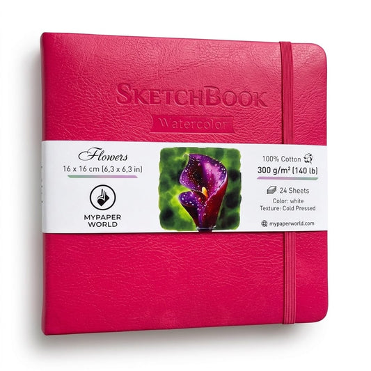NEU Mypaperworld Magenta Aquarell Skizzenbuch, 300 g 100% Baumwolle, Kalt gepresst, 24 Blätter, 16x16cm