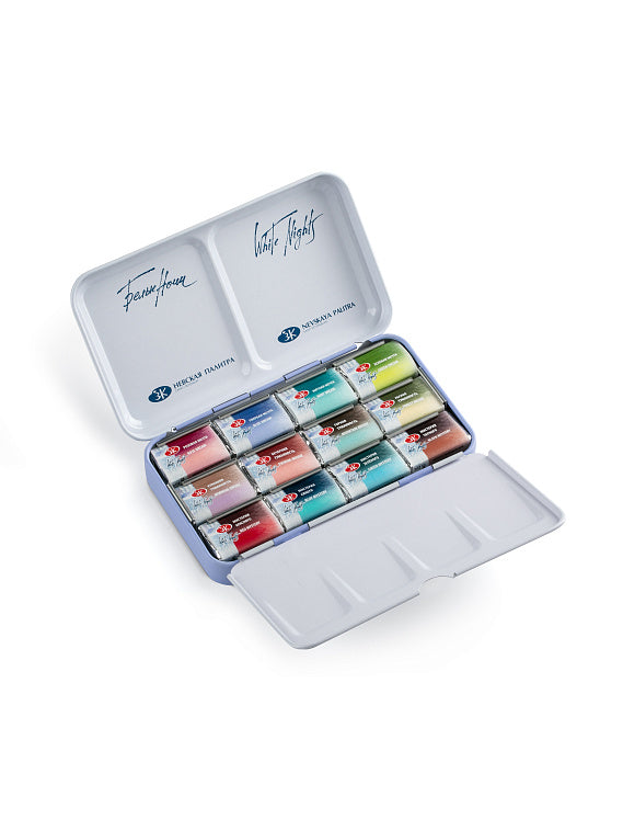 White Nights Metamorphosis Granulation Aquarellfarben 12 Napfs Set, Metalletui, Flieder