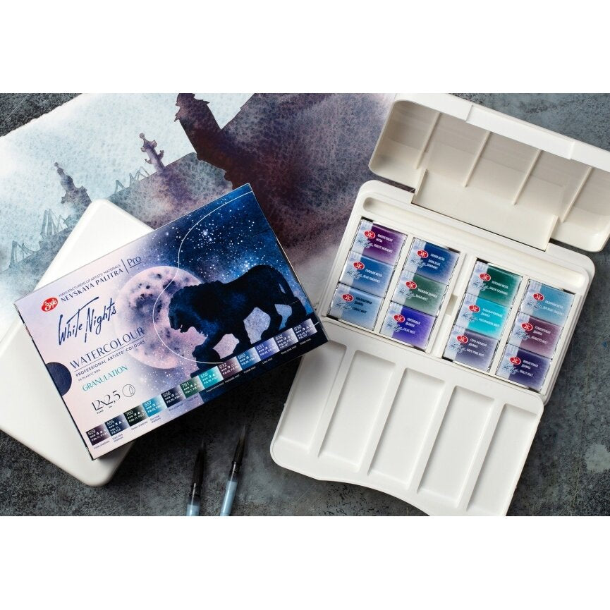 White Nights Granulation Farben Aquarell 12 Farben Set Kunstoffkaste